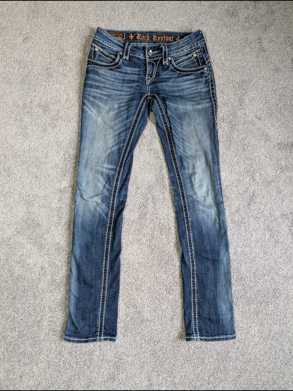 Rock Revival Garick Straight Jeans Size 25 Bling Flap Pocket Distressed Denim